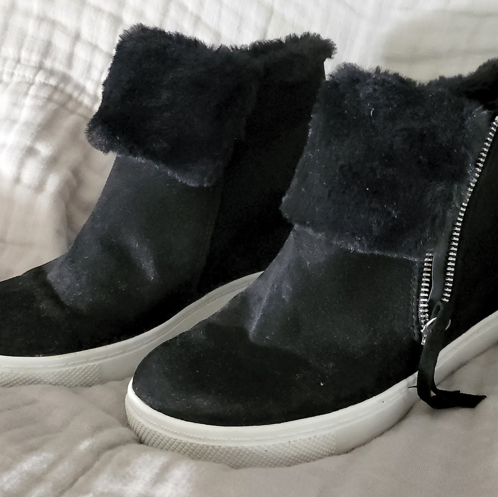 Brash Black Wedge Faux Fur Ankle Boots